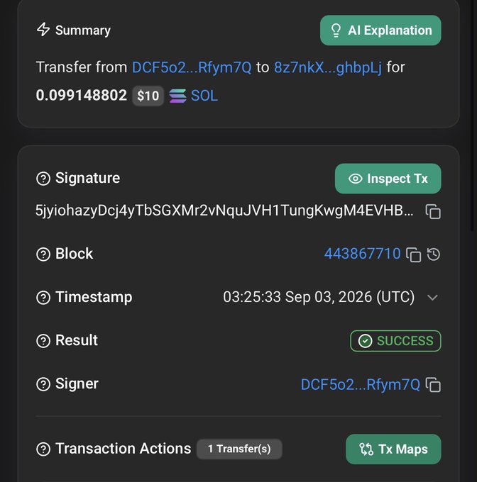 A Solana blockchain transaction showing a successful transfer of $10 (0.099148802 SOL) from address DCF5o2...Rfym7Q to 8z7nkX...ghbpLj at block 443867710 on September 3, 2026, likely representing a prize payout to the ninth winner of a giveaway or contest.