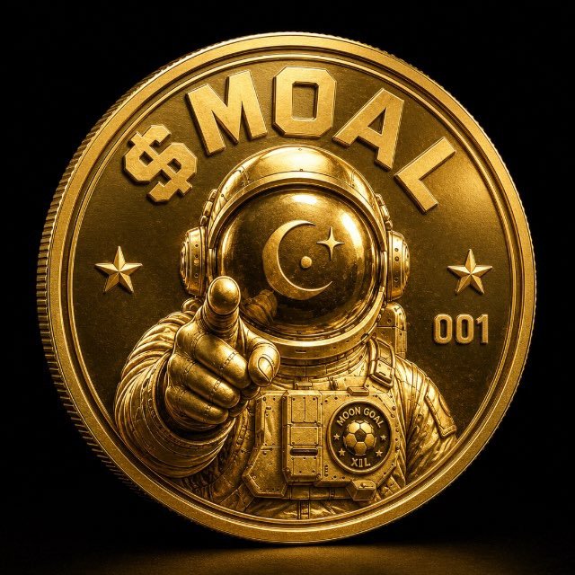 A gold coin featuring an astronaut pointing forward with the text '$MOAT' at the top, '001' on the right, and a 'MOON GOAL' soccer badge on the chest.