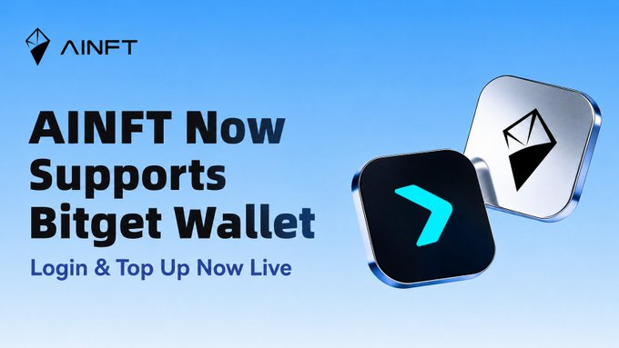 The image is a promotional graphic for AINFT announcing its support for Bitget Wallet, featuring the AINFT logo alongside Bitget's logo with the text "AINFT Now Supports Bitget Wallet — Login & Top Up Now Live." While the accompanying post focuses on AINFT's AI capabilities for Web3 gaming on TRON, the image highlights a practical integration with Bitget Wallet that enables users to access the platform, supporting the broader ecosystem discussed in the post.