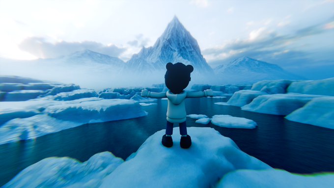 A 3D animated figure of a small character with bear-like ears standing on an ice floe with arms outstretched, facing a snowy mountain peak under a cloudy sky.