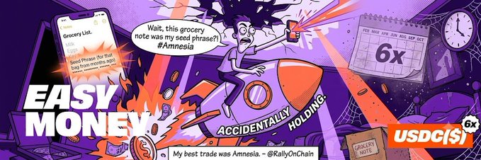 A cartoon banner titled 'EASY MONEY' shows a panicked character riding a rocket, referencing accidentally holding a token called 'USDC(S)' and a note about #Amnesia.