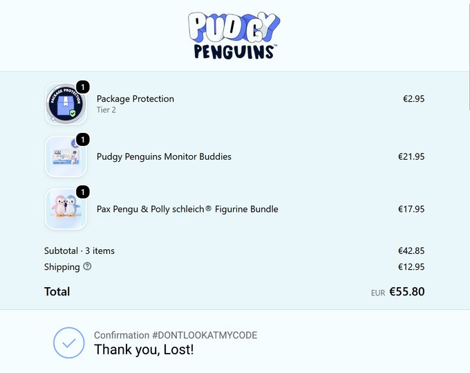 A Pudgy Penguins online checkout confirmation showing 3 items including Package Protection and Pax Pengu & Polly schleich Figurine Bundle, totaling EUR €55.80, with confirmation 'Thank you, Lost!'