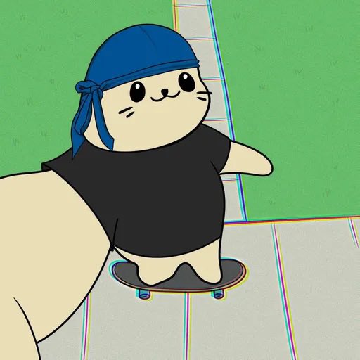 A cartoon illustration shows a round, white seal-like character wearing a blue bandana and a black t-shirt, riding a skateboard on a paved surface.