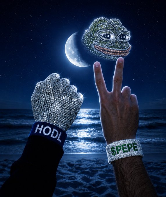 Two hands raised against a night ocean backdrop—one wearing a diamond glove with a 'HODL' wristband making a fist, the other with a '$PEPE' wristband making a peace sign—beneath a jeweled Pepe the Frog moon.