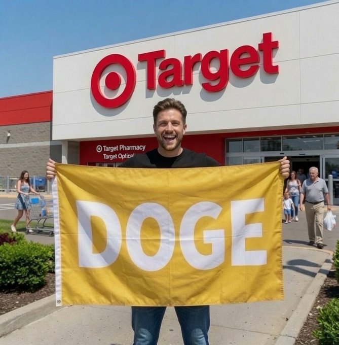 The image features a man holding up a yellow flag with white text that says "DOGE" in front of a Target store. The man appears to be smiling for the camera while displaying his flag, possibly celebrating or promoting something related to Dogecoin.