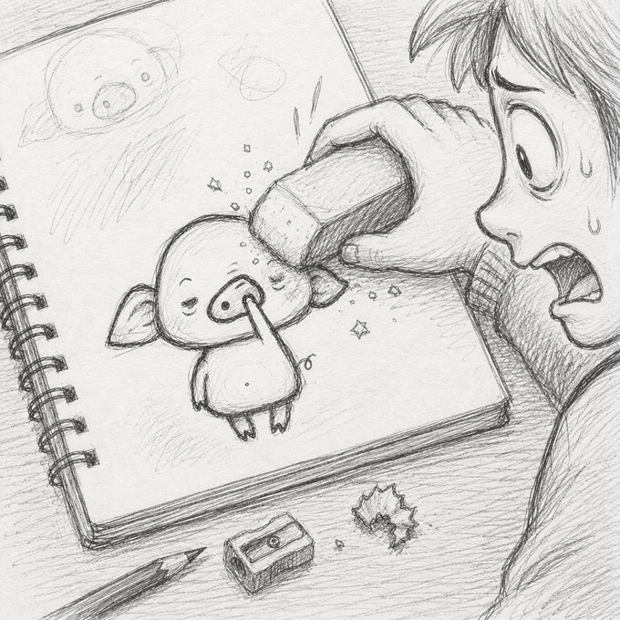 A panicked artist frantically rubs an eraser against a small, smug pig drawing in a spiral notebook, with a broken eraser and pencil shavings scattered nearby—perfectly capturing the origin story of PIGGLE, a too-messy-to-erase pig NFT born from a failed sketch.