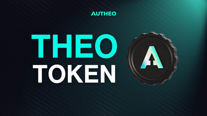 A promotional graphic for the Autheo blockchain features the text "THEO TOKEN" alongside a black coin token with an "A" logo, set against a teal gradient background. The image reinforces the upcoming $THEO TGE announcement, highlighting the token as the core utility asset powering transactions, compute, storage, AI tasks, staking, and builder access on the Autheo network.