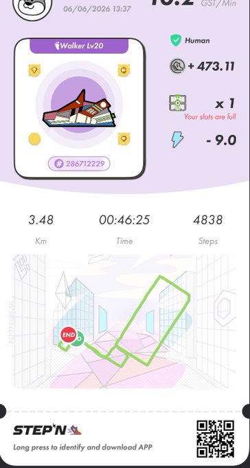 The image shows a phone screen displaying a step tracking app, which has a purple background with white text. The app displays information about steps taken, calories burned, and other data related to physical activity. The screen also features a map of a city, likely used for navigation during exercise sessions. The post in the image is titled "StepN" and provides details on how to use the app and its benefits.
