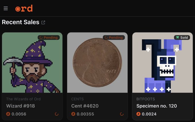 A dark-themed NFT marketplace called 'ord' shows recent sales including 'The Wizards of Ord Wizard #918' (pending), a 'Cent #4620' coin (pending), and 'BITFOOTS Specimen no. 120' (sold), with prices in Ethereum.