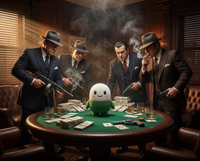 An AI-generated image of four men in suits and fedoras holding guns around a green poker table covered in cash, with a small smiling white and green mascot character sitting in the center.