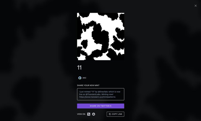 A black and white abstract pattern with the number "11" displayed below it, representing the newly minted piece on Transient Labs by @lineofakc. The interface shows sharing options including a Twitter/X button and a pre-filled tweet announcing "I just minted '11' by @lineofakc which is now live on @TransientLabs. Minting now!"