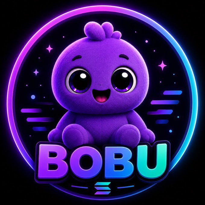 A vibrant purple logo/avatar featuring a cute plush-like creature with large eyes inside a neon circle, labeled 'BOBU'.