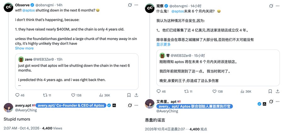 The image shows a Twitter/X exchange where Observe (@obsrvrgmi) pushes back on rumors that Aptos ($APT) is shutting down within 6 months, noting the chain has raised nearly $400M and is only 4 years old, to which Aptos co-founder & CEO Avery Ching (@avery.apt) replies dismissively with "Stupid captions."
