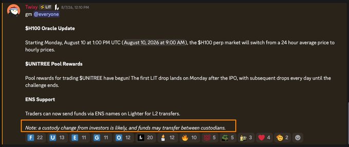 A Discord message from Twixy announcing a '$H100 Oracle Update' for the perp market and details on '$UNITREE Pool Rewards' and ENS Support, with a highlighted note at the bottom about a possible custody change.