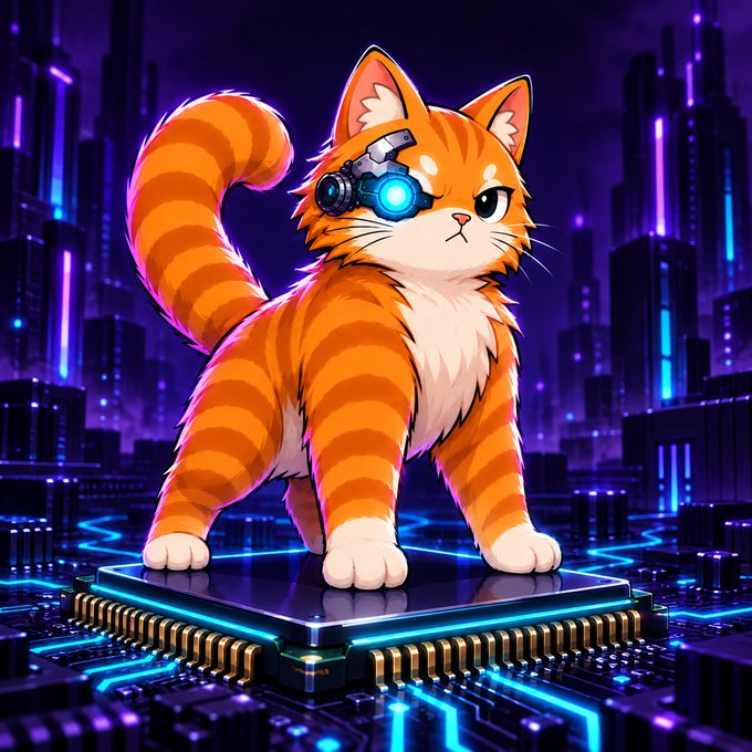 A cartoon orange tabby cat with a glowing blue cybernetic eye stands on an illuminated microchip, set against a neon-lit futuristic cityscape—capturing the fusion of natural instinct and silicon technology referenced by the $CPU ticker.