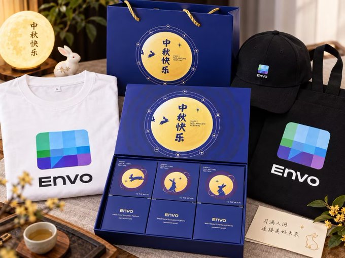 A Mid-Autumn Festival gift set by Envo featuring a moon-themed box with mooncakes, a t-shirt, a cap, and a tote bag with Chinese characters 中秋快乐.