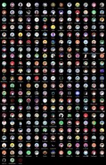 A dense grid of small colorful circular icons or sprites arranged in rows on a black background.