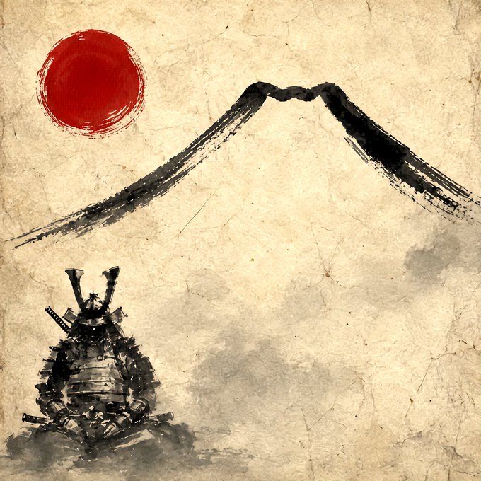 A minimalist ink painting depicts Mount Fuji with a red sun, accompanied by a figure in samurai armor in the lower left corner, all rendered on aged, textured paper.