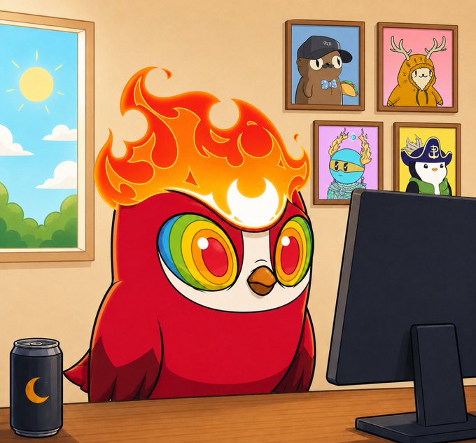 A cartoon red owl with flaming hair sits at a desk in front of a computer monitor, with framed pictures of other bird characters on the wall behind.