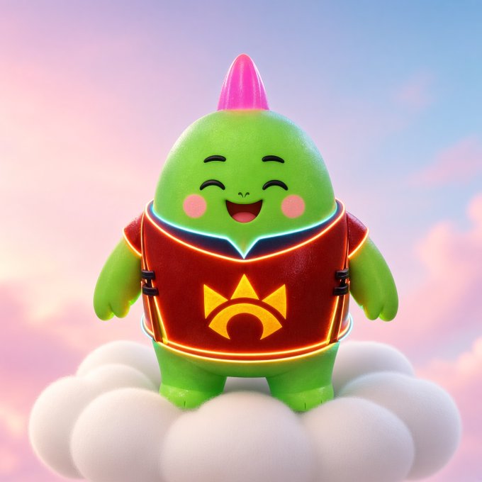 A cheerful green cartoon character with a pink mohawk and a glowing red vest featuring a yellow emblem stands atop a white fluffy cloud against a pink and blue sunset sky.