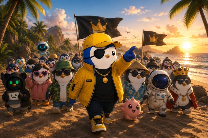 A whimsical illustration shows a penguin-like character wearing a yellow jacket, cap, and sunglasses leading a crowd of similarly styled characters, robots, and animals along a tropical beach at sunset with crown-bearing flags.