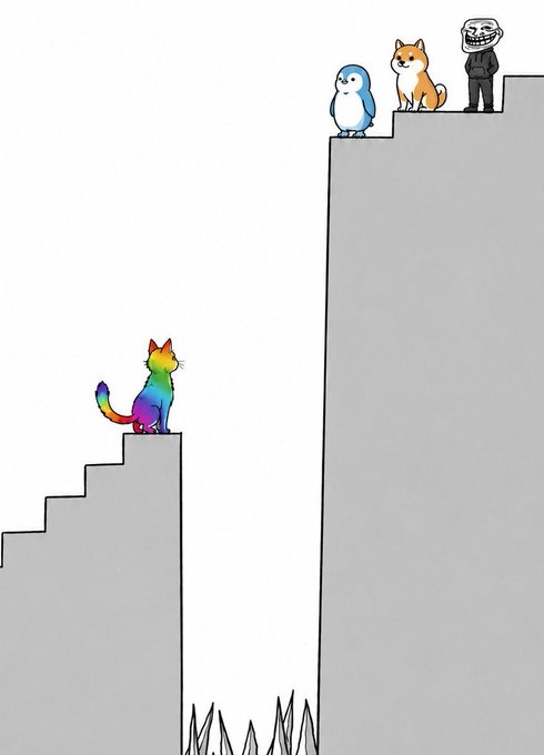 A hand-drawn illustration featuring a colorful rainbow cat on a set of stairs facing a gap, with a Shiba Inu, penguin, and a troll face character watching from the other side above spikes.