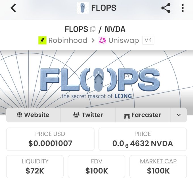 A screenshot of FLOPS/NVDA token page on a crypto trading platform, showing the FLOPS logo with the tagline "the secret mascot of LONG," priced at $0.0001007 USD with $72K liquidity and $100K market cap. The image supports the post by displaying key early-stage metrics (low price, modest liquidity/market cap) that suggest the token is still in its early phase, fitting the poster's excitement about potentially being "10x early" to FLOPS before it gains wider attention.