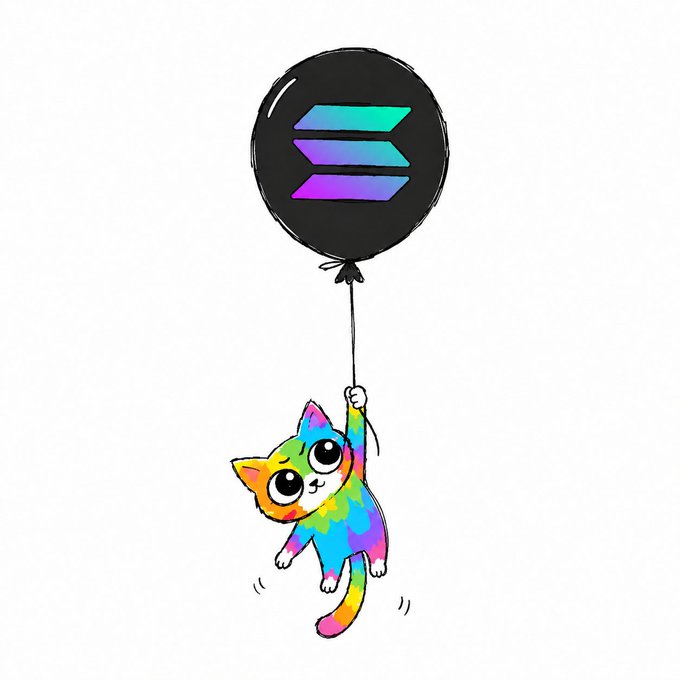 A rainbow-colored cartoon cat dangles from a black balloon featuring the Solana ($SOL) logo, visually tying the vibrant, multi-colored cat mascot to the post's call for early positions in both $SOL and $COLORS.