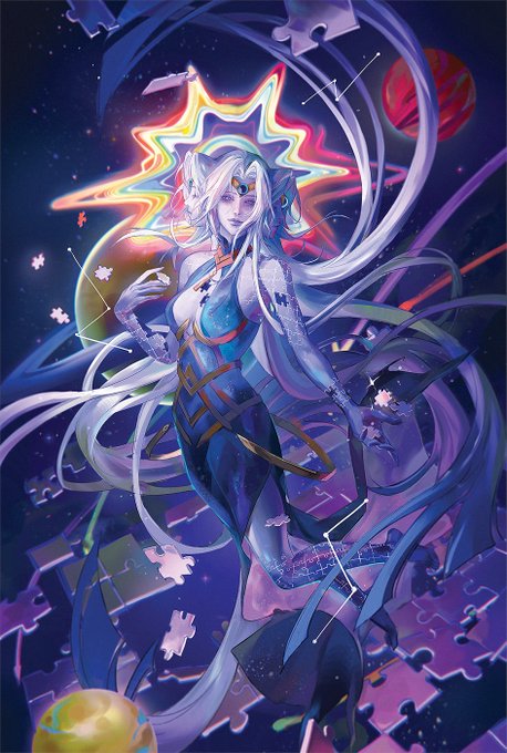 A cosmic-themed fan art depicts Xipe Totec, the Harmony Path Aeon from Honkai: Star Rail, portrayed as a cosmic figure with long flowing white hair, colorful star-shaped aura, and constellation-like markings, surrounded by floating puzzle pieces and planets. The illustration captures the character's celestial, life-giving essence through vibrant purples, pinks, and rainbow hues, fitting the Reddit post celebrating "Xipe for HSR Oracle! Harmony mother."