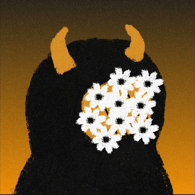 An abstract digital artwork featuring a large black silhouette with two yellow horn-like shapes on top, with a cluster of white daisy-like flowers covering its face area against a brown and yellow gradient background.