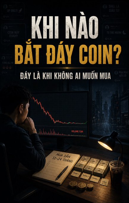 A poster with Vietnamese text 'KHI NÀO BẮT ĐÁY COIN?' (When to bottom-fish coins?) shows a person looking at a declining red stock chart on a monitor, with money and a 'MUA BÁN 12-24 THÁNG' (Buy/Sell 12-24 months) notebook on the desk.