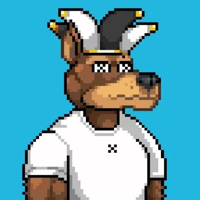A pixel art illustration of a brown dog wearing a black-and-white jester hat and a white shirt stands against a cyan background, lending a playful, crypto-PFP vibe to the optimistic "GM! Stay the course" post encouraging followers to connect.