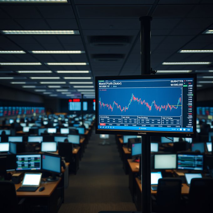 A dark trading floor filled with rows of monitors, with a foreground screen displaying a stock chart with red and green candlesticks and illegible ticker data.