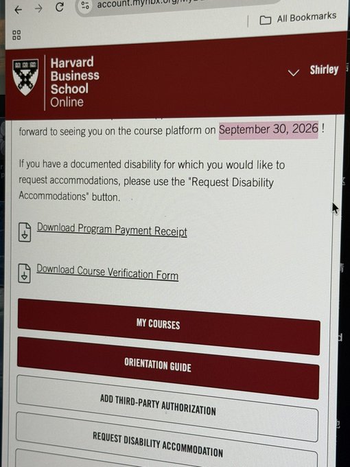 A screenshot of the Harvard Business School Online account portal highlighting a course start date of 'September 30, 2026' for user Shirley.