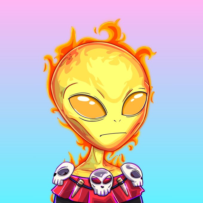 An illustration of an alien-like character with a yellow flame-shaped head, orange eyes, wearing red clothing adorned with white skulls.