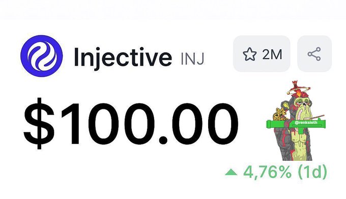 A screenshot showing the Injective (INJ) cryptocurrency at $100.00 with a 4.76% increase over 1 day, featuring the @renksmith logo and a Pepe the Frog meme character.