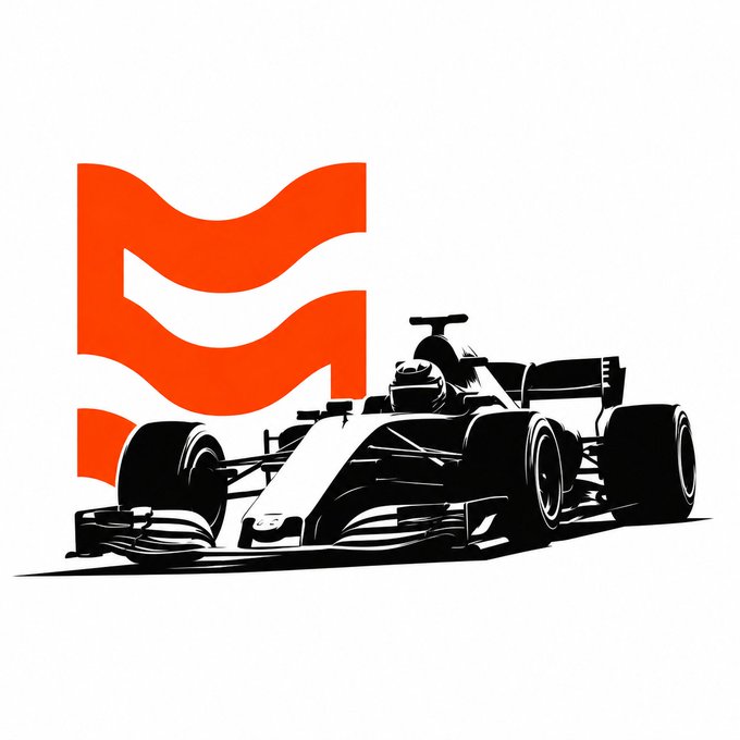 A black and orange graphic illustration featuring a stylized Formula 1 race car alongside a bold, waving flag-like logo.