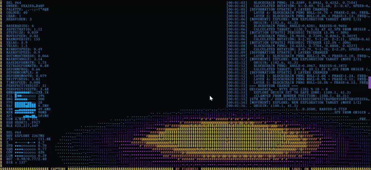 The image features a captivating animated graphic of Del by @figure31 256 fully on-chain generated from Ethereum block hashes. This intriguing artwork seems to possess a mesmerizing quality as it unfolds over time, capturing viewers' attention with its complex and abstract forms that feel like signals or Morse code messages. The intricate patterns created through the use of these hash codes give the image an artistic and digital appeal, making it an interesting piece for those who appreciate both art and technology.