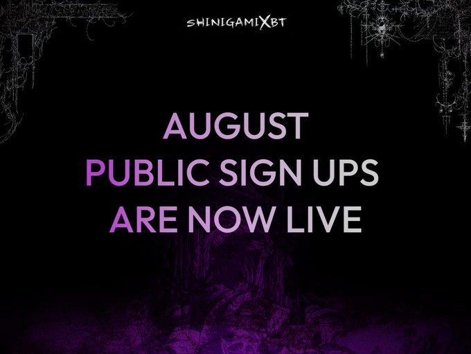 The image is a promotional graphic featuring the "SHINIGAMI XBT" branding at the top, with bold pink text reading "AUGUST PUBLIC SIGN UPS ARE NOW LIVE" against a dark, gothic-styled background with chandeliers and smoky purple elements. It serves as a call-to-action announcement accompanying the post's message about closing sign-ups for a limited-size trading group with scheduled Monday and Friday sessions.