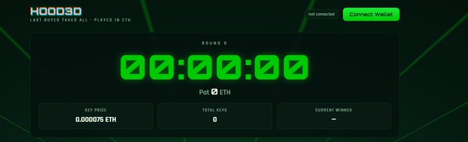 Dark-themed crypto game interface labeled 'HOOD3D' with a green digital countdown timer showing '00:00:00,' Pot in ETH, and a 'Connect Wallet' button.