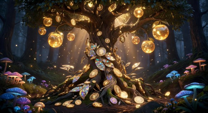 Fantasy forest scene featuring a magical tree adorned with golden coins and glowing orbs, surrounded by colorful bioluminescent mushrooms and crystal-like leaves.