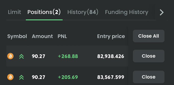 A trading positions screen showing two open positions on a token with green PNL values of +268.88 and +205.69.