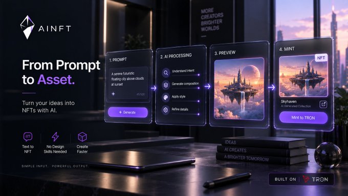 The image is a promotional graphic for AINFT, illustrating its four-step "From Prompt to Asset" workflow: Prompt input, AI Processing, Preview, and Mint, leading to NFT creation on the TRON blockchain. It visually reinforces the post's message by showcasing how the platform simplifies NFT creation through AI-powered text-to-asset conversion without requiring design skills.