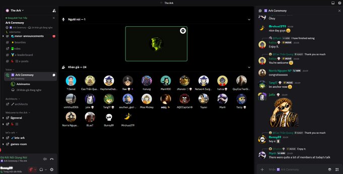 A screenshot of a Discord interface showing 'The Ark' server with the 'Ark Ceremony' channel active, displaying a chat room filled with Vietnamese text messages and user avatars.