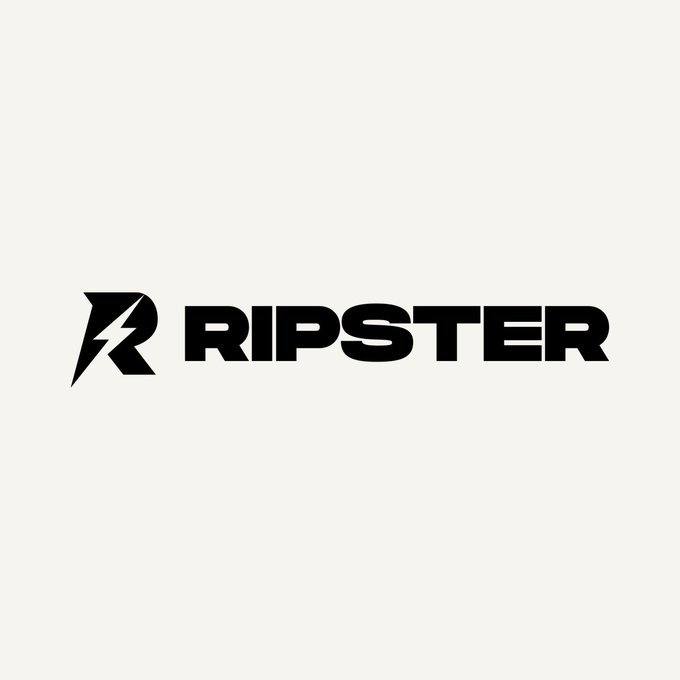 A minimalist logo design features the word 'RIPSTER' in bold black letters next to a stylized 'R' with a lightning bolt, all set against a light gray background.