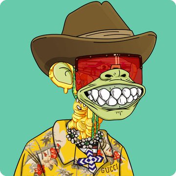 A cartoon illustration of a green frog-like character with a wide grinning mouth wearing a brown cowboy hat and a Gucci Hawaiian shirt with gold chains, set against a teal background.