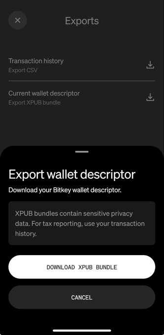 A mobile app screen showing an "Exports" menu with options to export transaction history and current wallet descriptor, with a popup dialog titled "Export wallet descriptor" containing a "DOWNLOAD XPUB BUNDLE" button and a warning about sensitive privacy data.