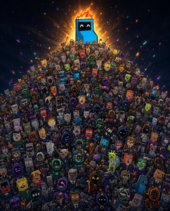 The image shows a towering pyramid of blocky, pixelated character figures with a glowing blue crowned figure at the peak, surrounded by fiery energy. The caption relates to the post by visually representing the "RH Machines" project dominating over the competition, with the opensea.io/collection/rh- link directing to the collection.