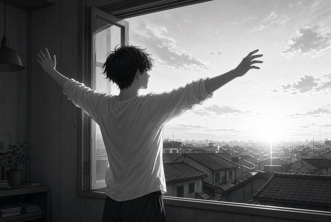 A black and white anime-style illustration of a young man standing with his back to the viewer, arms outstretched, looking out an open window at a sunrise over a cityscape of rooftops.
