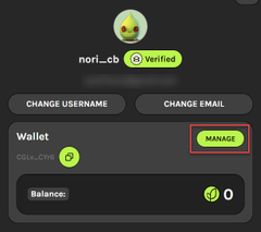A user profile/account page for "nori_cb" (Verified) showing Wallet information with CELLS_CYLS balance and a "MANAGE" button highlighted.
